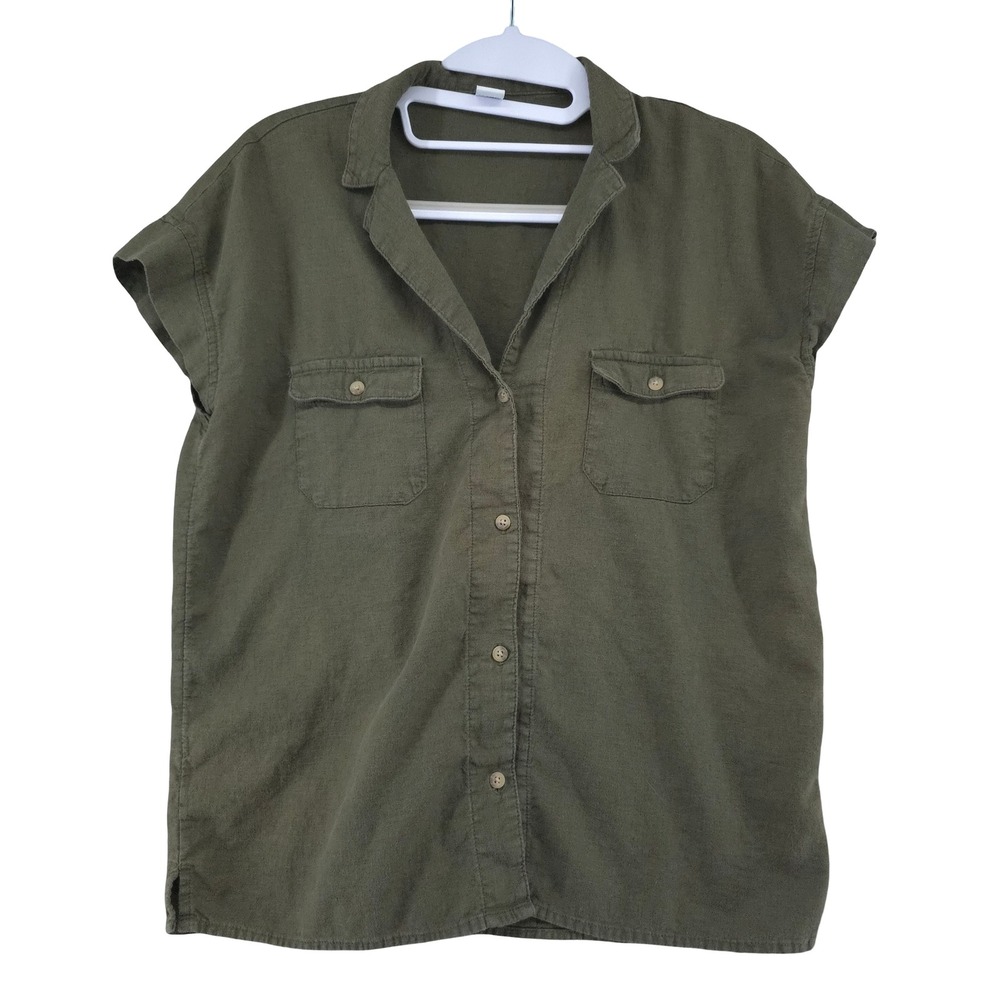 Old Navy Granola Utility Military Linen Button Shirt Olive Green Womens XS